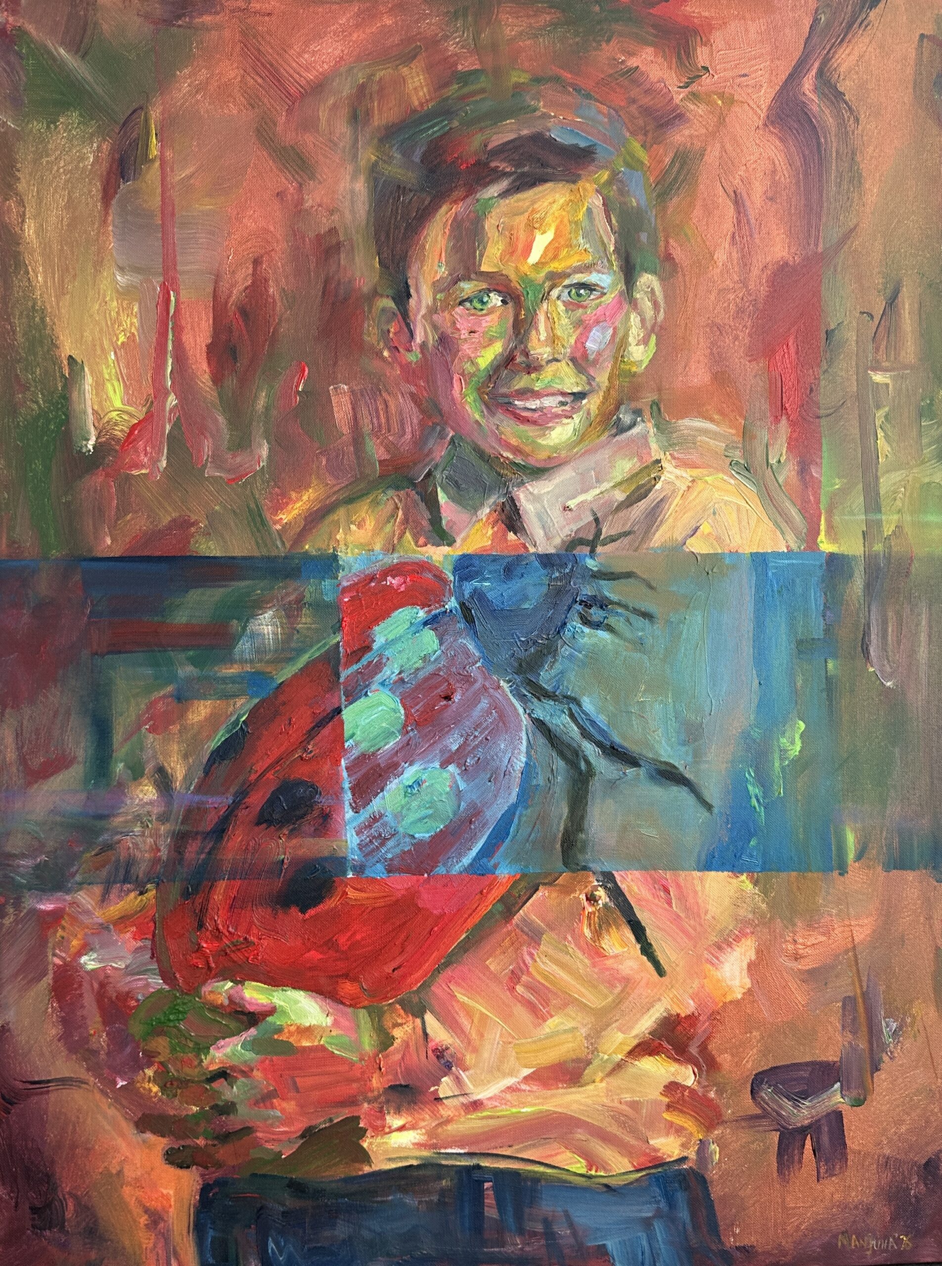 Expressionist portrait of a smiling boy holding a large ladybug, intersected by digital glitch-like blue bands. Acrylic and oil painting from the Broken series.