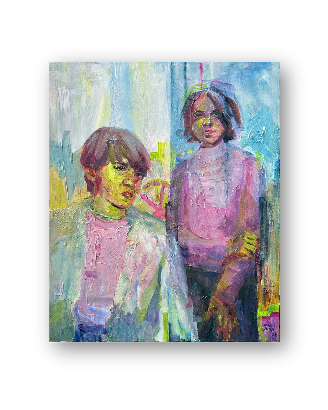 Two figures standing figurative painitng digital corruption broken serie anna manjuna